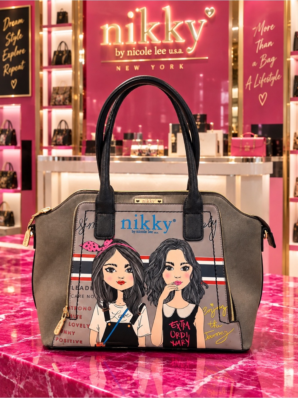 Nikky by Nicole Lee Enjoy the Journey Satchel Gray Black Graphic Handbag